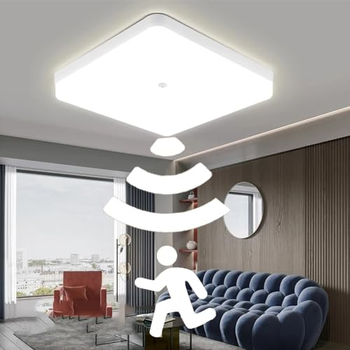 Plafonnier étanche, avec détecteur capteur de mouvement Lampe de Plafond LED Rond, intérieure lampe de salle de bain ronde carré 20W pour cuisine Cuisine Chambre Couloir, Blanc froid (carré (20W))