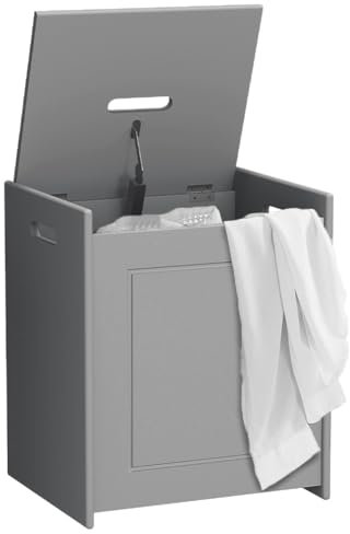 BAKAJI Cesto Portabiancheria da Bagno Linea Pietra con Coperchio Antiodore, Cesta Panni Sporchi Salvaspazio con Maniglie in Legno MDF, Contenitore per Biancheria Sporca (Grigio)