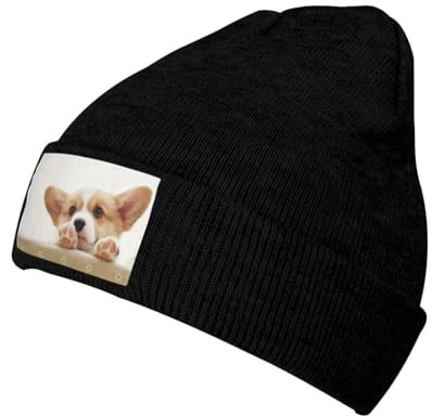 LAMAME Nette Corgi Gedruckt Gestrickte Fleece Kappe Modische krempenlose Kappe Warme Mützen, Schwarz , 5-8