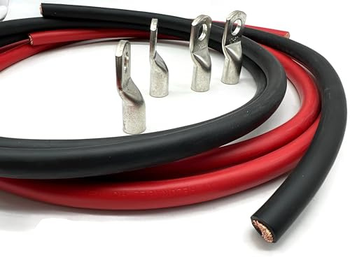 eXODA Batteriekabel 50mm2 4x M10 Kabelschuh jeweils 2m Kabel Rot und Schwarz Set mit 2 Kabeln und 4 Kabelschuhen für Fahrzeugbau und elektrische Anwendungen | Set mit 2 Kabeln und 4 Kabelschuhen Länge 2m Querschnitt 50mm² Schrauböffnung 10mm H07VK Standard