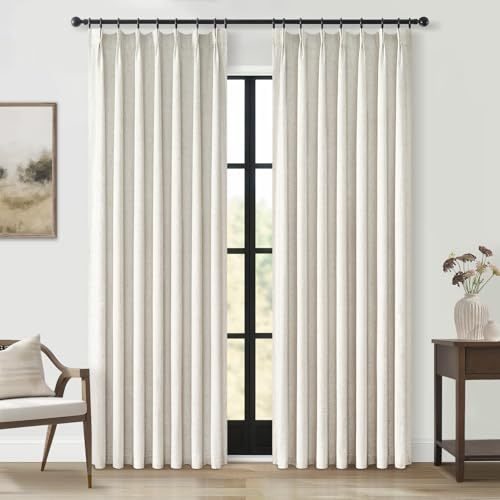 Topfinel Pinch Pleat Full Blackout Curtains & Drapes 84 Inch Length 2 Panels Set, Flax Linen Room Darkening Soundproof Curtains with Hooks Rings for Bedroom Living Room Track System, Beige Ivory Cream