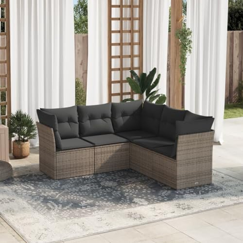 ULUYYUC 5-TLG. Garten-Sofagarnitur, Hocker Eckbankgruppe Ecksofa Polsterbank Geeignet für Hinterhof Außenbereich Garten Balkon mit Kissen Grau Poly Rattan