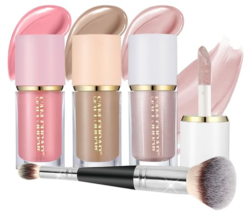 Joyeee 3 Stück Contouring Set mit Pinsel, Liquid Contour & Highlighter & Blush Makeup Set, Long Lasting Natural Weightless Buildable Contouring Bronzer Liquid Blush Stick