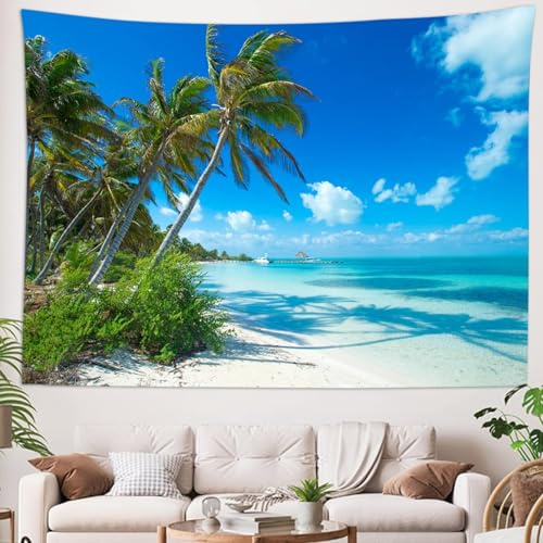 Skcess Wandteppich Strand Meer, Wandbehang Tapisserie Landschaft Wandtuch Blau Himmel Sonne Baum Wall Tapestry Wandteppich Groß 240 x 220 cm