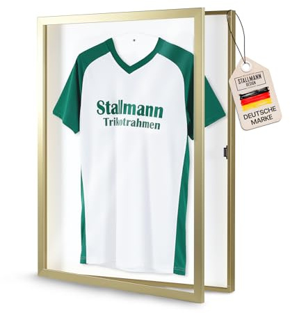 Stallmann Design Trikotrahmen 'Easy Click & Fill' mit Tür | Rahmen-Farbe: Gold | Hintergrund: Weiß | Größe: 70 x 90 cm | hochwertige und leicht zu befüllende Vitrine für Trikots