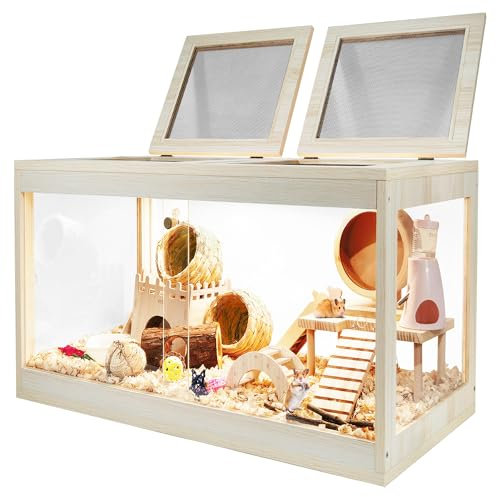 Prolee Hamsterkäfig Holz Kaufest Mäusekäfig Groß Hamsterkäfig Öffnen Dach mit Schiebetüren und Schloss Holzkäfig für Hamster Rennmäuse Maus 61.0 cm