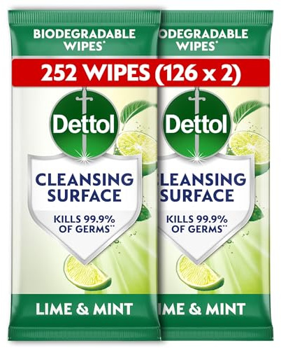 Dettol Antibacterial Cleansing Surface Biodegradable Wipes, Lime and Mint, 252 Wipes (126 x 2pck), Disinfectant, Home Hygiene, Kills 99.9 Percent of Germs