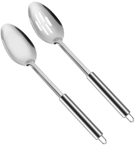 Juego de cucharas de cocina premium de acero inoxidable | Utensilios resistentes al calor y aptos para lavavajillas | Cucharas ranuradas para remover, hornear y servir con facilidad