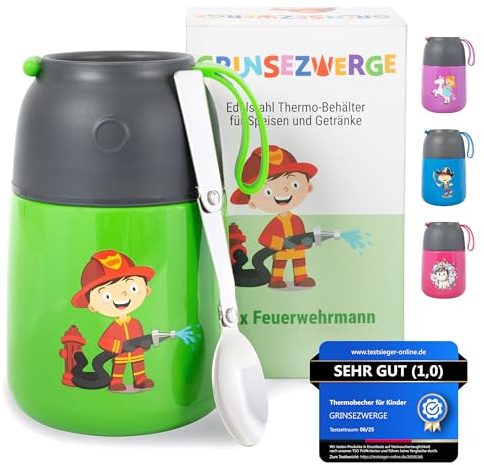 GRINSEZWERGE Kinder Thermobecher 500ml für Speisen und Getränke | 100% Auslaufsicher - Edelstahl Thermobehälter für Essen | Brei Warmhaltebehälter | Müslibecher | Thermo Lunchbox
