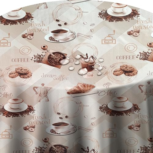 Wachstuch Wachstischdecke Gartentischdecke, Croissant Coffee Cookie Rund 140 cm, abwischbare Tischdecke