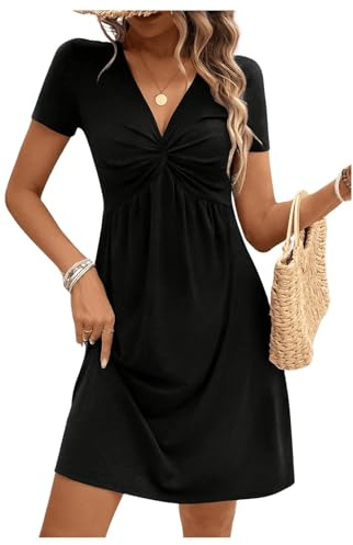 EIRUKON Robe Ete Femme Col V Chic et Elegant Manches Courtes Mini Robe A-Line Décontractée Robes Taille Haute pour Fête Noël Mariage,Noir,XL