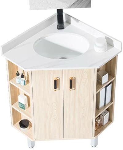 LYXWGRZD Lavabo D'Angle, Meuble-Lavabo D'Angle Triangulaire, Lave Main D'Angle en Céramique avec Armoire À Miroir, Lavabo D'angle Sur Pied, Lavabo de Salle de Bain avec Récipient de Rangement(Natural