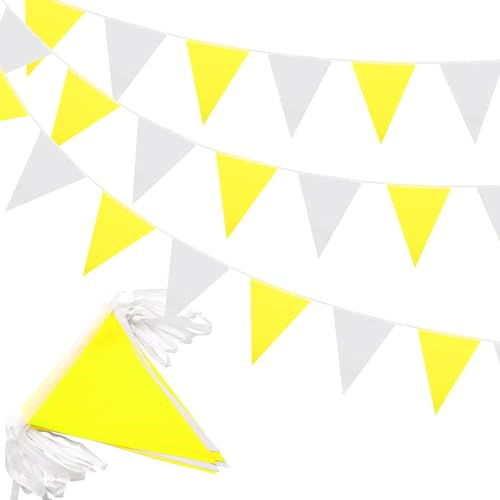 Bandierine gialle bianche 20 m, 52 pezzi, in tessuto impermeabile, per giardino, feste all'aperto, decorazione di compleanno
