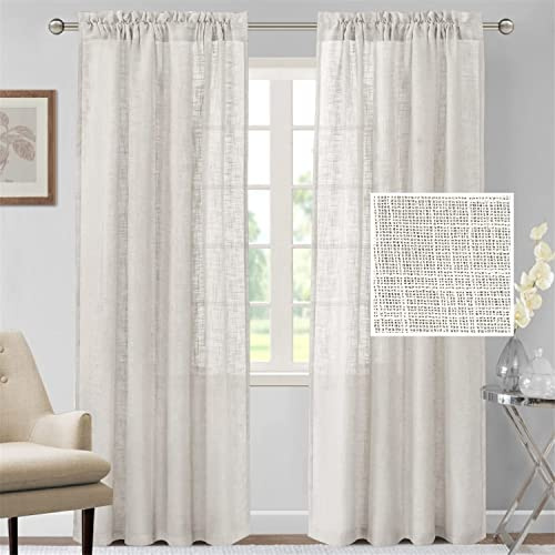 Cortinas de mezcla de lino natural para sala de estar, texturizadas, ligeras, semitransparentes con pestañas ocultas, 2 piezas (blanco roto 2 x 52 x 84 pulgadas)