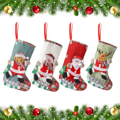 Christmas Stocking Set of 4 Xmas Stockings Personalised Christmas Stockings Santa Snowman Elk Pattern Stockings Christmas Fireplace Decoration Candy Gift Bags for Family Christmas Holiday Decoration