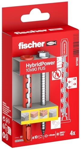 Fischer 4x HybridPower FUS, Tasselli Prolungati in Nylon e Acciaio con Vite Esagonale Flangiata e Impronta Torx, Sicuro come un Ancorante Metallico e Facile da Installare come un Tassello in Nylon