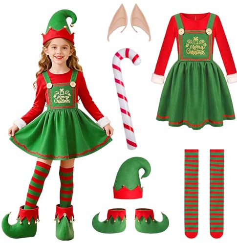 Disfraz de elfo de Navidad para niños, disfraz de elfo, disfraz de duende con vestido, cinturón, calcetín, sombrero, orejas de elfo para Navidad, fiesta, cosplay (niña, 120)
