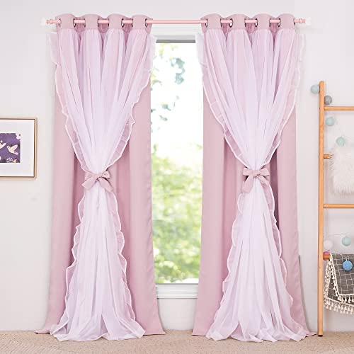 PONY DANCE Light Pink Curtains for Girls Bedroom, Decorative Double Layer Curtains with Ruffle Sheer Overlay for Kids, Pretty Chic Princess Dreamy Ambiance Room Darkening Drapes 52x84 inch, 2 PCs