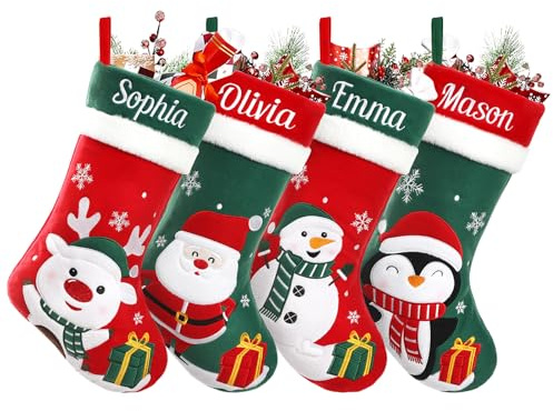 Dihope Weihnachtsstrumpf Personalisiert Name Große Nikolausstrumpf mit 3D Weihnachten Motive Nikolausstiefel zum Befüllen Nikolaus Socken für Kamin Weihnachtsdeko Feiertags Familienparty (Stil A, 4pc)