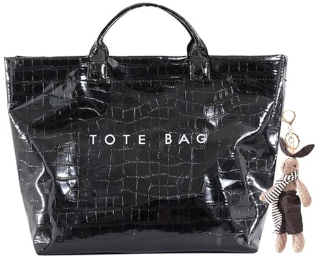 Generisch Große Damen-Tragetasche mit viel Stauraum, wasserdichte PVC-Tasche, Handtasche aus Kraftpapier mit Tragegriff(Black)