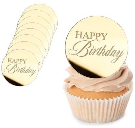 Gleevio Happy Birthday Tortendeko Gold, 20 Stück Acryl Cupcake Topper Geburtstag, 5cm Rund Muffin Deko, Tortendeko Geburtstag Erwachsene & Kinder, Happy Birthday Cupcake Deko für Hochzeit Jahrestag