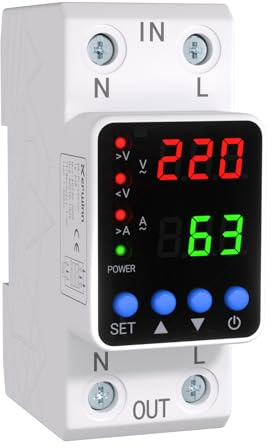 KERWINN Adjustable Voltage Protector 110V/220V, 80‑210V Undervoltage 130‑300V Overvoltage, Overcurrent Protection,1‑63A Adjustable Smart Circuit Breaker, AC/DC DIN Rail Voltage Stabilizer(White)