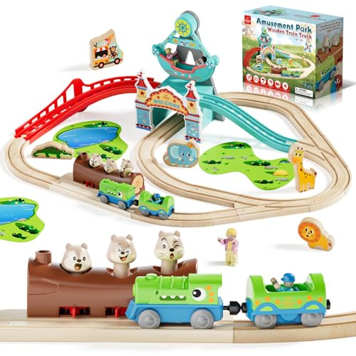 Lehoo Castle Holzeisenbahn mit Elektrischer Lok Dinosaurier, Freizeitpark Holz Eisenbahn Kinder, Holzeisenbahn Zubehör, Holz Spielzeug Geschenk für Kinder ab 3+ Jahre