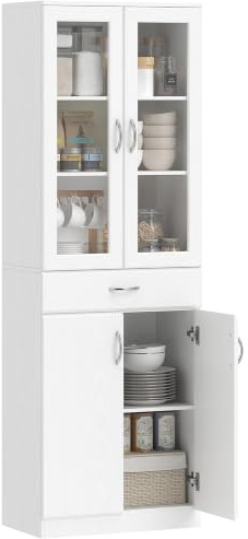 HOMCOM Küchenschrank mit Verstellbarem Regal 60 x 35 x 180 cm Weiß | Buffetschrank, Schublade, 2 Schrank, Hochschrank mit Glastür, Soft-Close-Funktion, für Küche Esszimmer Wohnzimmer
