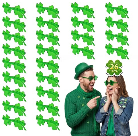 26 PCS St Patricks Day Shamrock Glasses Party Favors, Green Clover Glasses for Family Friends Students, Classroom School Events, Office Parties, Group Celebrations, Saint Patricks Day Decorations
