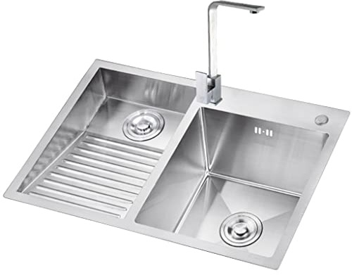 Lavandino per lavanderia argento, lavabo profondo a doppia vasca in acciaio inossidabile 304, installazione a incasso o sottotop, con rubinetto quadrato, lavello da cucina, facile da pulire (colore: