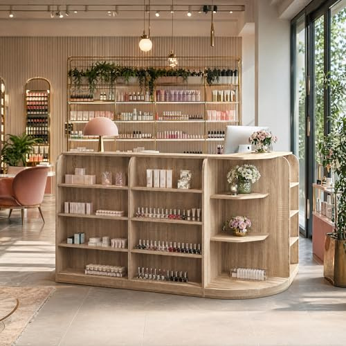 HEMBRY Eck-Präsenz in Eiche-Optik 180x120cm L-Form Empfangstheke mit 11 Display-Regalen für Nagelstudio & Beauty-Salon