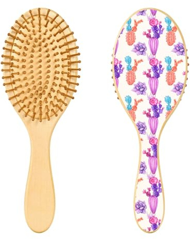 Sevdomey Watercolor Cacti Wooden Hair Brush with Wood Bristles – Oval Detangling Brush for Women, Massage Scalp & Reduce Static