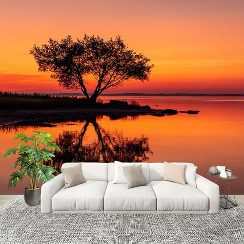 Vlies Fototapete 350x256 cm AbenddäMmerung Am Seeufer GroßEr Baum Wohnzimmer Schlafzimmer Moderne Wandbilder Wand Dekoration Orange Vliestapete Wandtapete Poster für Kinder Kindertapete