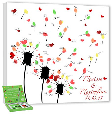 galleryy.net Hochzeitsbaum Fingerabdruck 40x40 mit NAMEN & DATUM - INKL Zubehör-Set (Stempelkissen+Stift+Anleitung+Hochzeitsbuch+...) - Pusteblume - Hochzeitsbaum Fingerabdruck