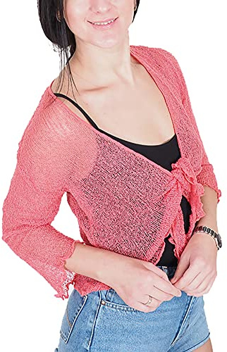 Mimosa Dambolero i virkat glitter eller i vanlig stretchspets, fisknät, baliknut i midjan, öppen cardigan, Korall, One Size (Stor)