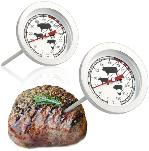 LE##com-four® 2x Termómetro para Asados de Acero Inoxidable - Termómetro Analógico de Carne hasta 120 °C - Termómetro de Parrilla - Aguja de Carne - 10 cm (002 piezas)