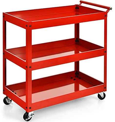 COSTWAY 3 Tiers Tool Trolley, Heavy Duty Service Cart with Handle and Lockable Wheels, Rolling Workshop DIY Storage Trolley for Garage Restaurant Kitchen (1 Towel Rack Handle, Red)