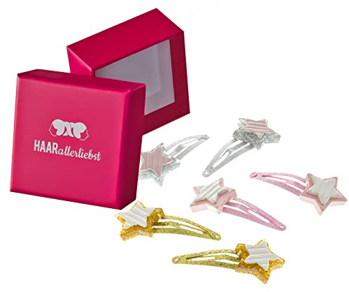 Haarallerliebst Haarspangen Set für Kinder – 6 Stück Sterne in rosa, silbe, gold mit Glitzer inkl. Aufbewahrungsbox pink – Ideal für dünnes bis dickes Haar
