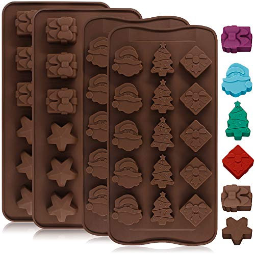 Christmas Chocolate Mould, YuCool 4 Pack Christmas Chocolate Mould Xmas Candy Jelly Cake Baking Molds with Christmas Themed Shapes for Chocolate Cake DIY