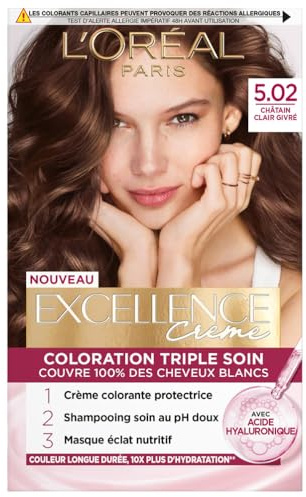 L’ORÉAL PARIS - Coloration Cheveux Permanente Triple Soin - Couvre 100% des Cheveux Blancs - Excellence Crème - Nuance : Châtain Clair Givré Marron (5.02)