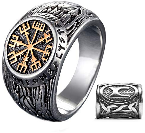 Gungneer Golden Stainless Steel Viking Compass Vegivisir Ring for Men Women, Norse Pagan Jewelry Ring Viking Rune Beard Beads Gift
