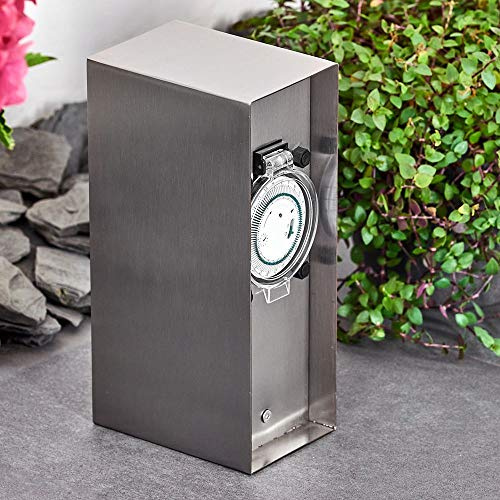 HOFSTEIN Außensteckdose Abilene, Gartensteckdose aus Metall in Edelstahl, Zeitschaltuhr/Timer, 2 Steckdosen mit Klappdeckeln, Festinstallation, Mehrfachsteckdose, Garten, Terrasse, Außenbereich, IP 44