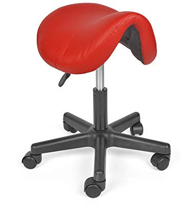 Mingone Sattelstuhl mit Rollen Rollhocker Hocker 360 ° Drehung Rot | Höhenverstellbar 49-65cm, Sattelhocker Bürohocker Ergonomisch, Kosmetikstuhl, Praxishocker Friseur, für Büro Salon