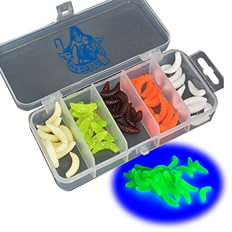 Njord Kalastus Künstliche Bienenmaden zum Angeln 75 Stück 2cm in Tackle Box Angeln | Bienenmaden Künstlich in 5 fängigen Farben | Forellenköder Gummi Set | Forellen Köder Angeln Set (50x Maden)