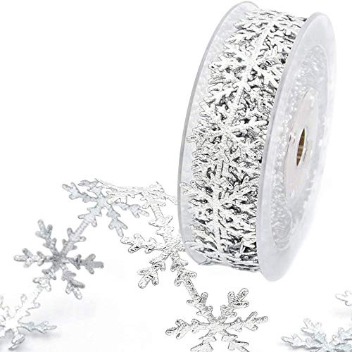 ANCLLO Silberfarbenes Glitzer-Schneeflocken-Band mit silbernen Pailletten, Zierband für Weihnachtsdekoration, festliche Veranstaltungen, geprägtes Band, 2,5 cm x 10 m (Silber)