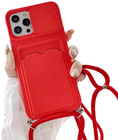 Rokmym Funda con cadena para teléfono móvil con soporte para tarjetas para iPhone 12, con cámara deslizante, funda de silicona con banda para iPhone 12