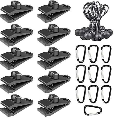 30 Piezas Clip de Tienda Clip para Toldos Clips de Lona ara Camping con Cuerda de Bola Elástica y Mosquetón para Toldo Carpas Pancartas