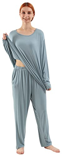 amropi Pigiama Donna Oversize Set da Pigiami Manica Lunga Maglietta e Pantaloni Camicia da Notte Blu,5XL
