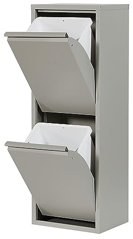 Atahome Recycling Bins for Kitchen Metal Slim Trash Bin Cabinet 2 Bins Plastic Buckets with Metal Handles, 2x15 Litres Bin Divider Storage Organiser, Sturdy Rubbish Bin Aphrodisias 2 Drawer (Grey)