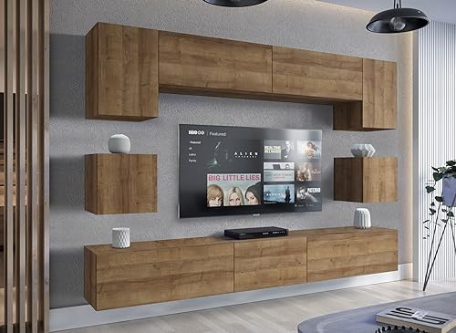 Furnitech Hängend Wohnwand Modern | Wohnzimmer Schrankwand Mit Regale Und TV Schrank | Möbel Ohne LED (Nowara AN1-17DZ-M51 1B)